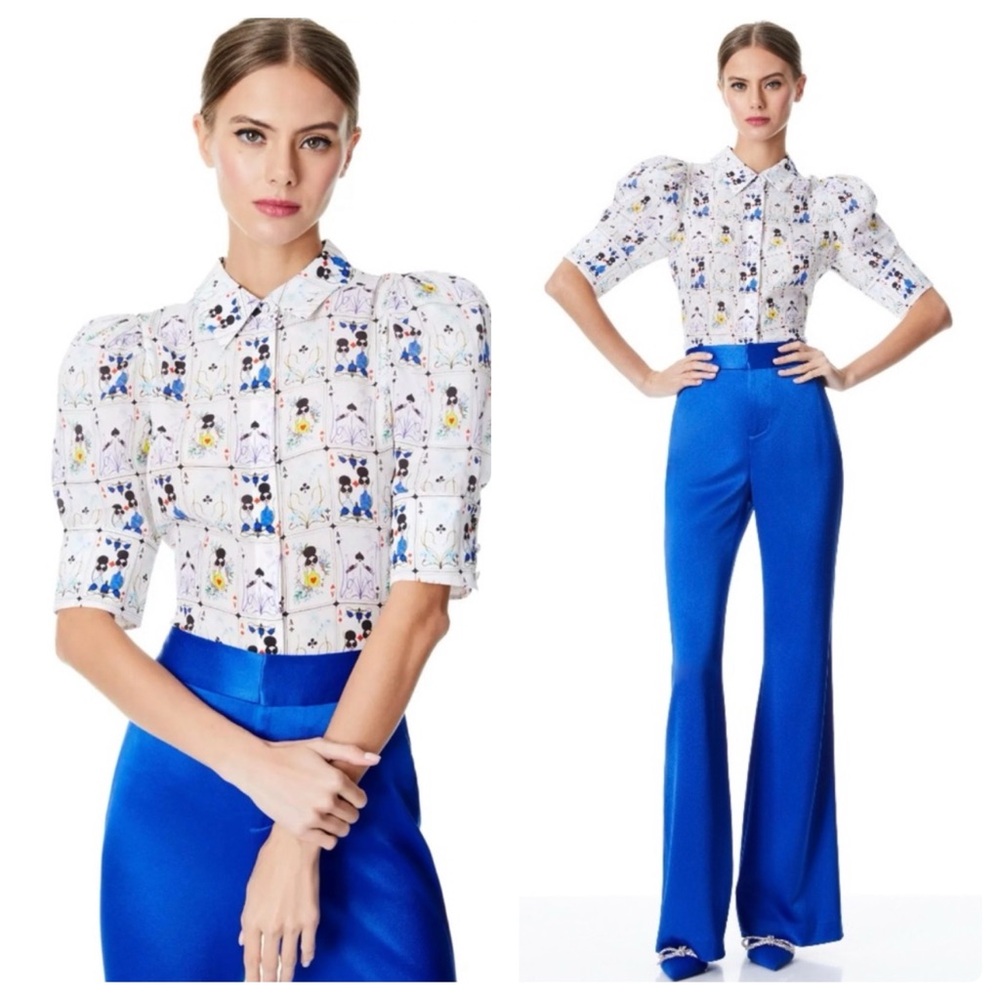 ALICE + OLIVIA Willa Printed Silk Puff Sleeve Top - Picture 1 of 13